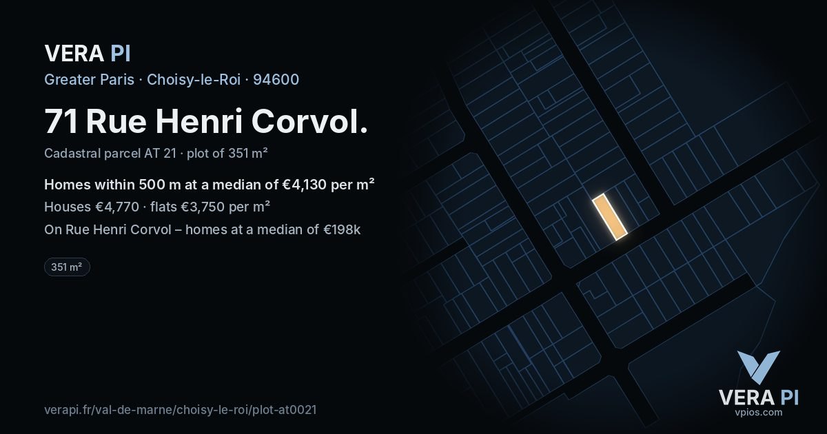 71 Rue Henri Corvol, Choisy-le-Roi at night – the plot lit, the parcels around coloured by the prices near them