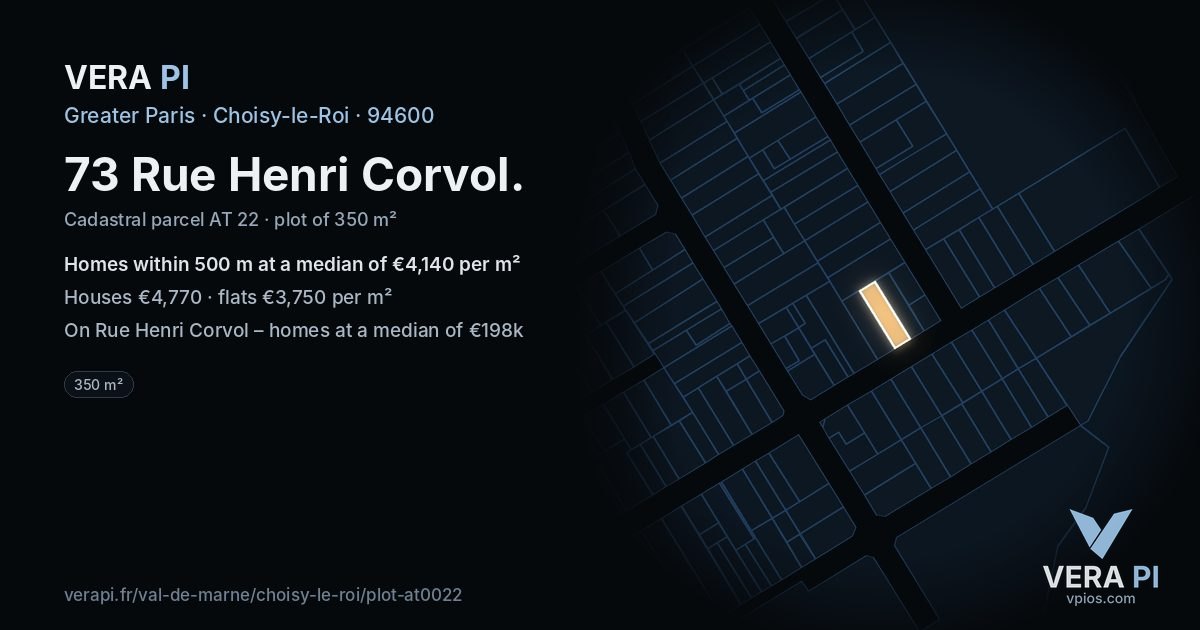73 Rue Henri Corvol, Choisy-le-Roi at night – the plot lit, the parcels around coloured by the prices near them