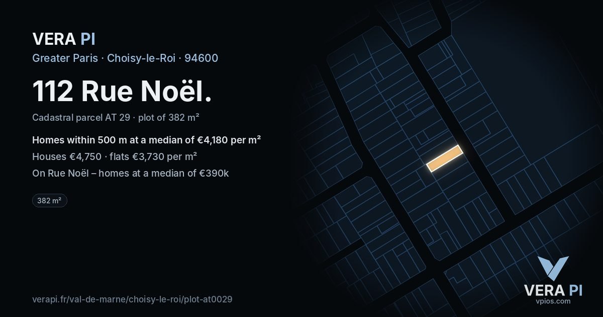 112 Rue Noël, Choisy-le-Roi at night – the plot lit, the parcels around coloured by the prices near them