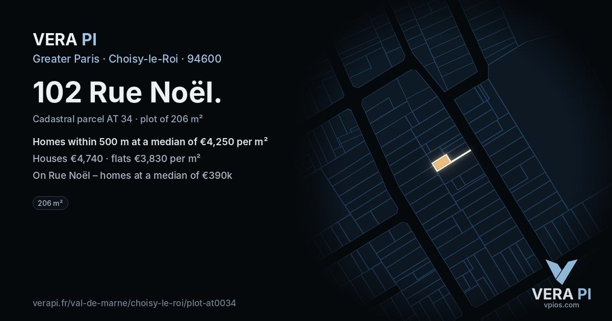 102 Rue Noël, Choisy-le-Roi at night – the plot lit, the parcels around coloured by the prices near them