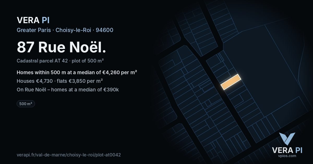87 Rue Noël, Choisy-le-Roi at night – the plot lit, the parcels around coloured by the prices near them