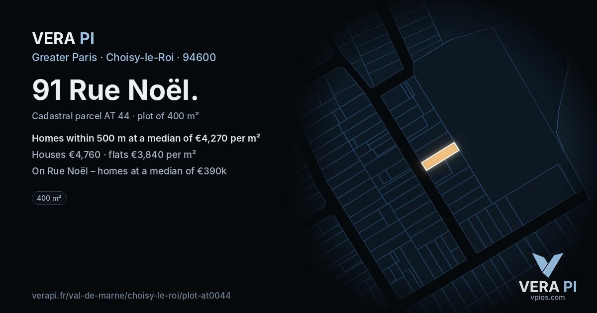 91 Rue Noël, Choisy-le-Roi at night – the plot lit, the parcels around coloured by the prices near them