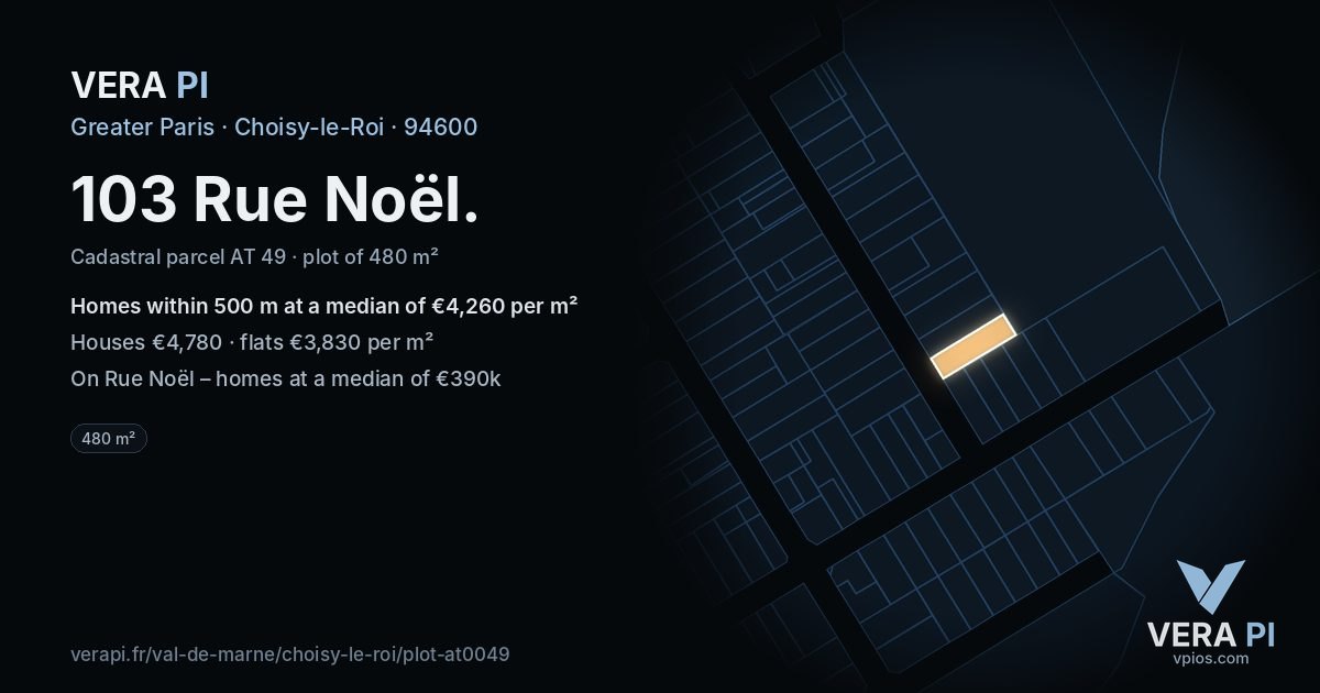 103 Rue Noël, Choisy-le-Roi at night – the plot lit, the parcels around coloured by the prices near them