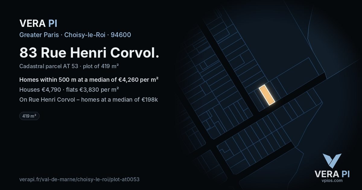 83 Rue Henri Corvol, Choisy-le-Roi at night – the plot lit, the parcels around coloured by the prices near them