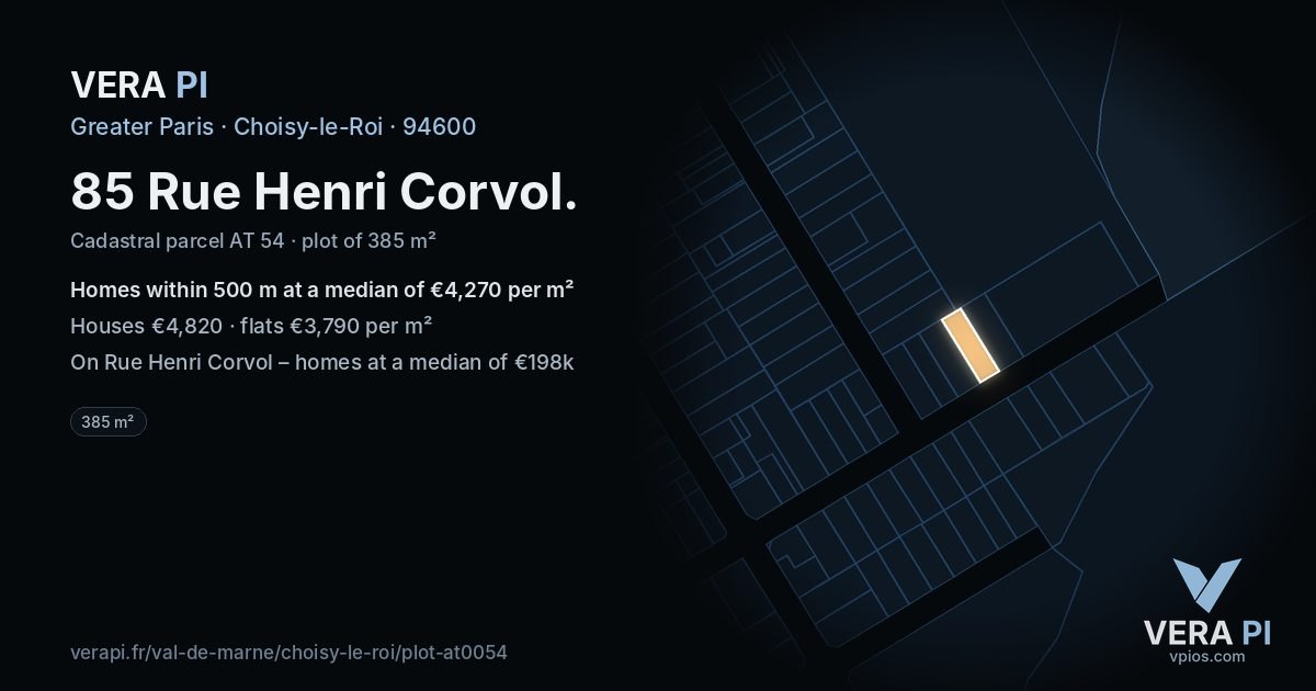 85 Rue Henri Corvol, Choisy-le-Roi at night – the plot lit, the parcels around coloured by the prices near them