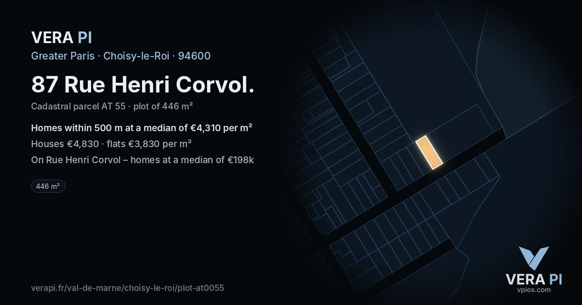 87 Rue Henri Corvol, Choisy-le-Roi at night – the plot lit, the parcels around coloured by the prices near them