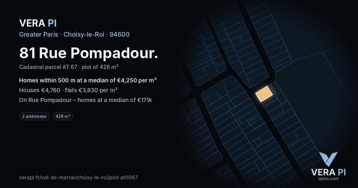 81 Rue Pompadour, Choisy-le-Roi at night – the plot lit, the parcels around coloured by the prices near them