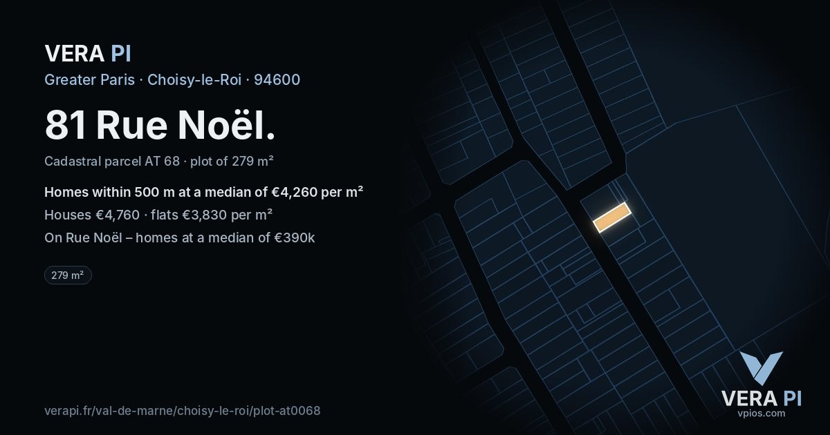 81 Rue Noël, Choisy-le-Roi at night – the plot lit, the parcels around coloured by the prices near them