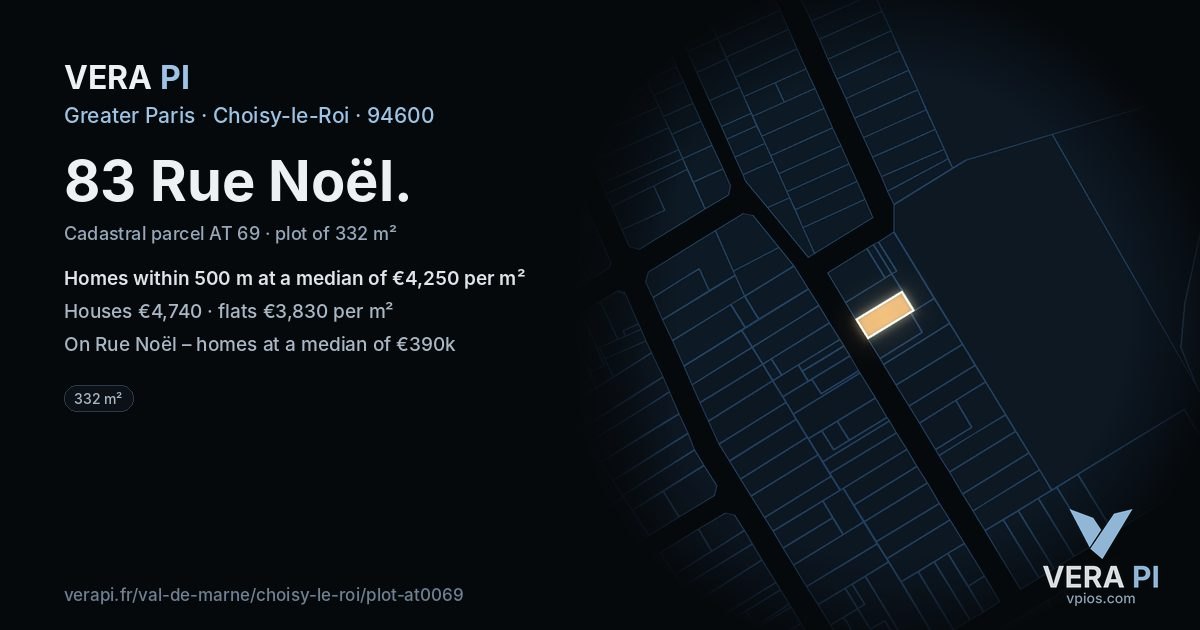 83 Rue Noël, Choisy-le-Roi at night – the plot lit, the parcels around coloured by the prices near them