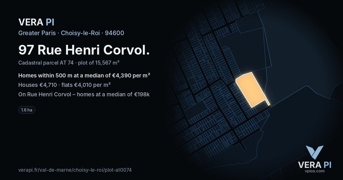 97 Rue Henri Corvol, Choisy-le-Roi at night – the plot lit, the parcels around coloured by the prices near them