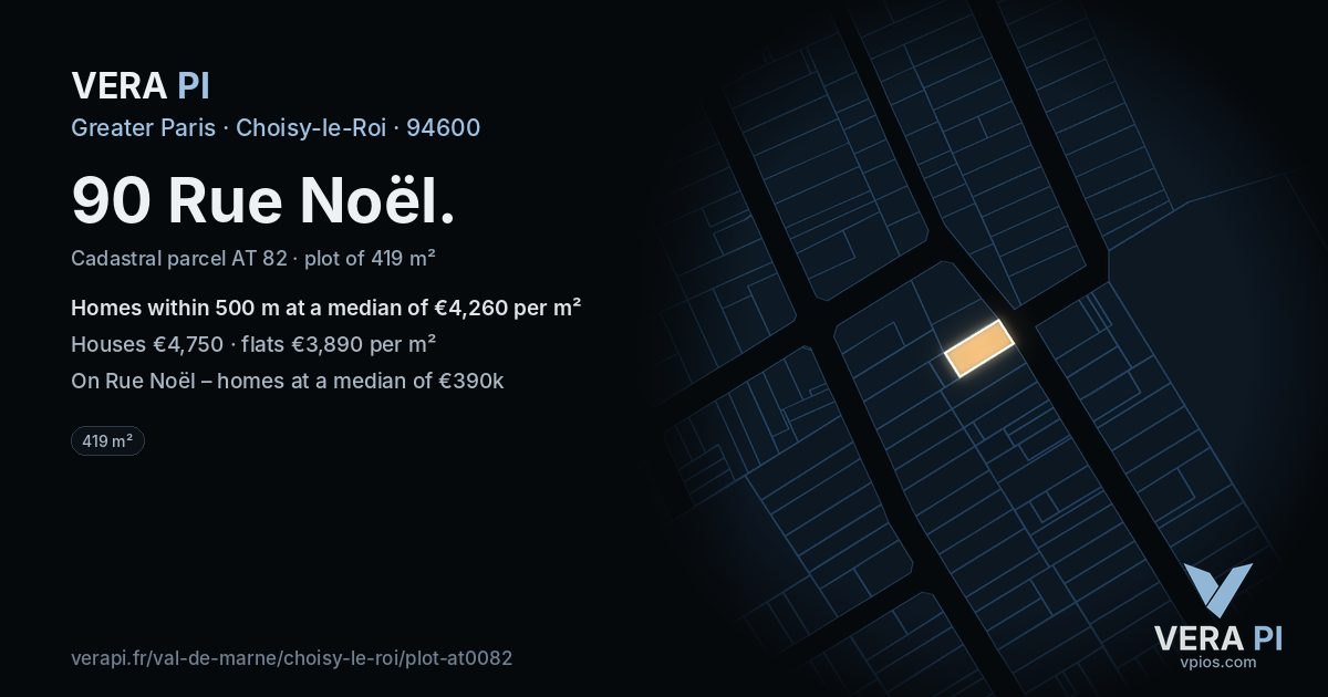 90 Rue Noël, Choisy-le-Roi at night – the plot lit, the parcels around coloured by the prices near them