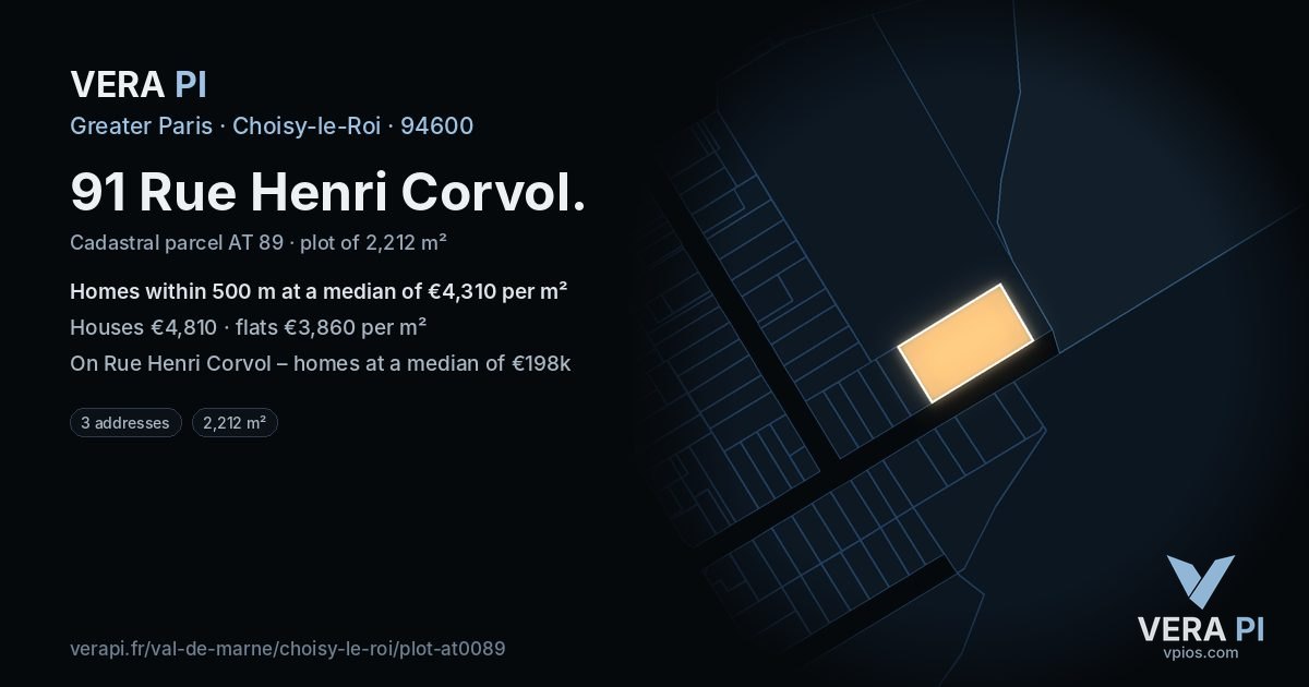 91 Rue Henri Corvol, Choisy-le-Roi at night – the plot lit, the parcels around coloured by the prices near them