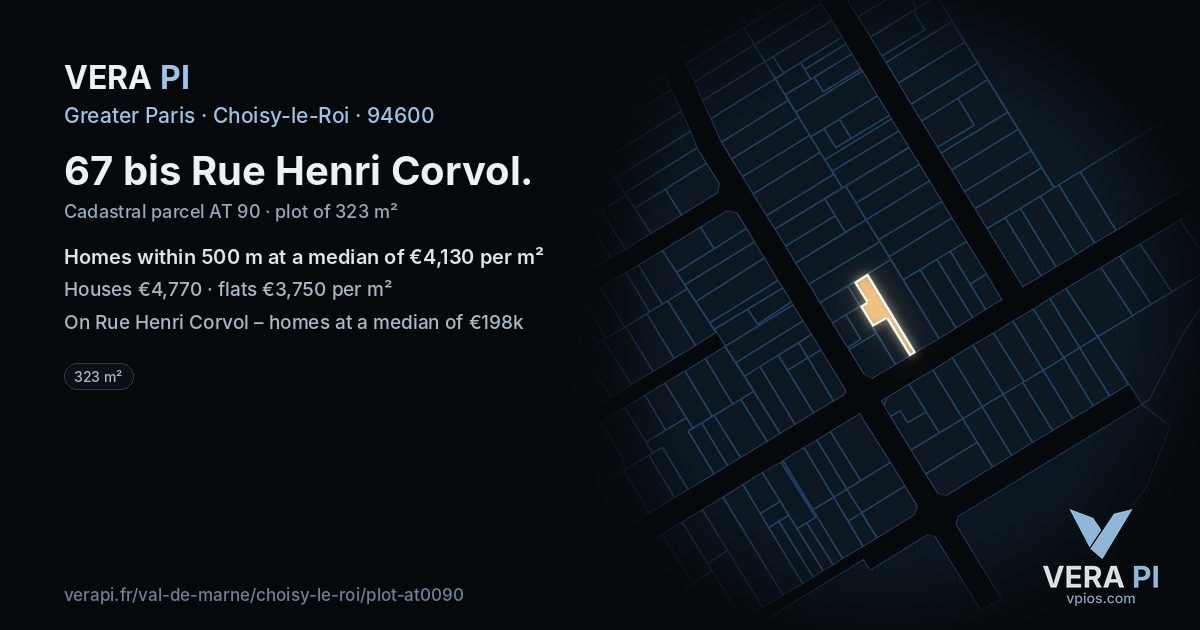 67 bis Rue Henri Corvol, Choisy-le-Roi at night – the plot lit, the parcels around coloured by the prices near them