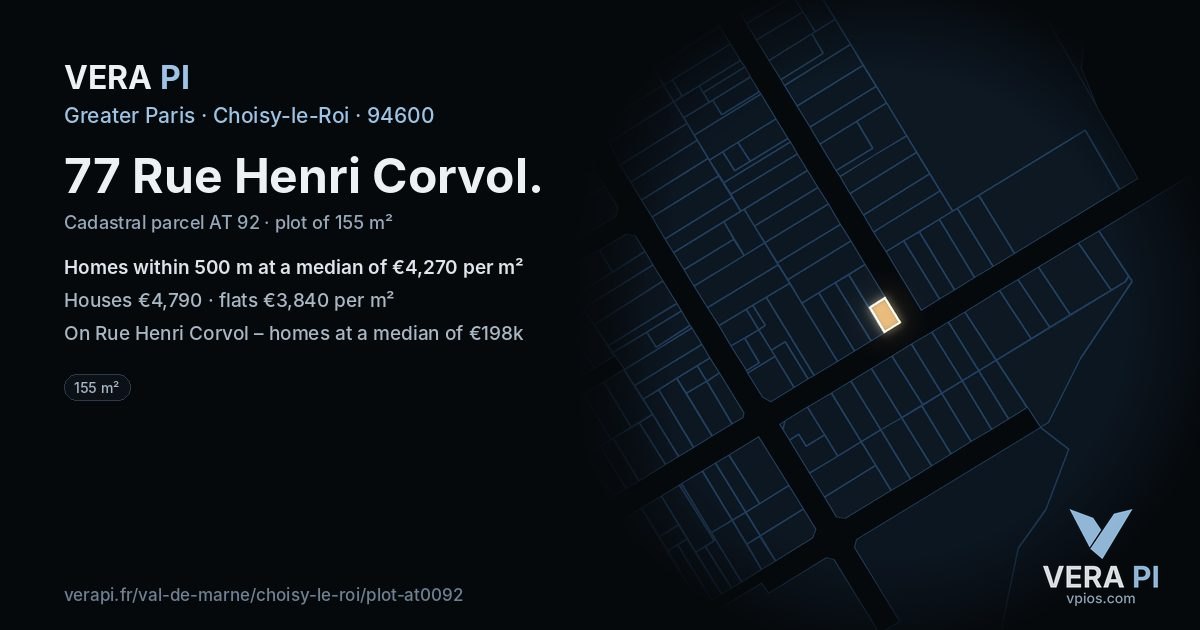 77 Rue Henri Corvol, Choisy-le-Roi at night – the plot lit, the parcels around coloured by the prices near them