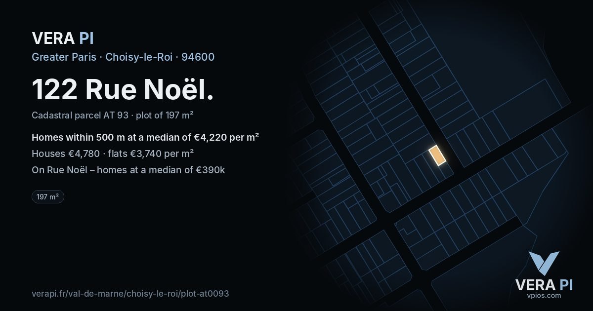 122 Rue Noël, Choisy-le-Roi at night – the plot lit, the parcels around coloured by the prices near them