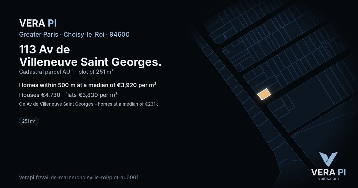 113 Av de Villeneuve Saint Georges, Choisy-le-Roi at night – the plot lit, the parcels around coloured by the prices near them