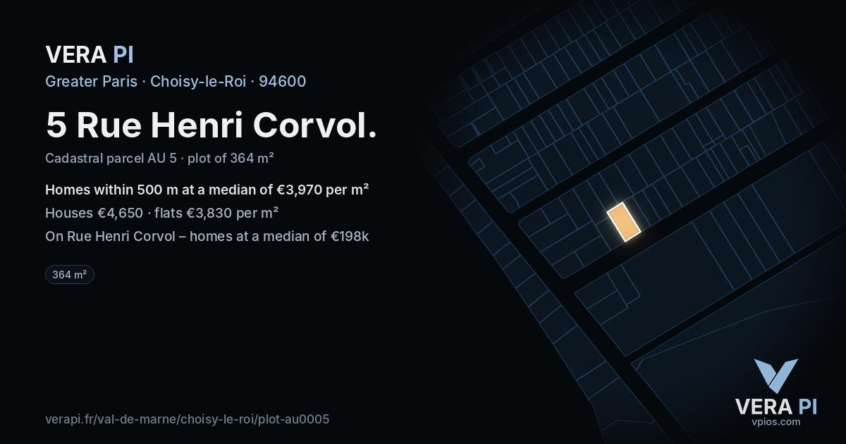 5 Rue Henri Corvol, Choisy-le-Roi at night – the plot lit, the parcels around coloured by the prices near them