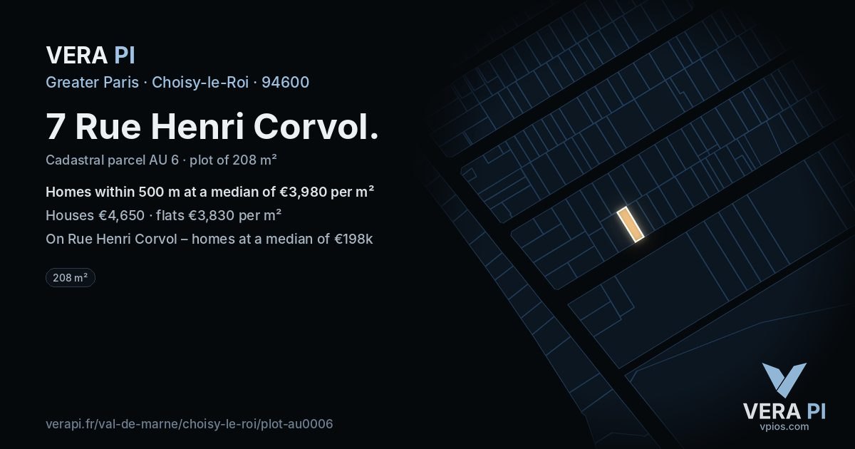 7 Rue Henri Corvol, Choisy-le-Roi at night – the plot lit, the parcels around coloured by the prices near them