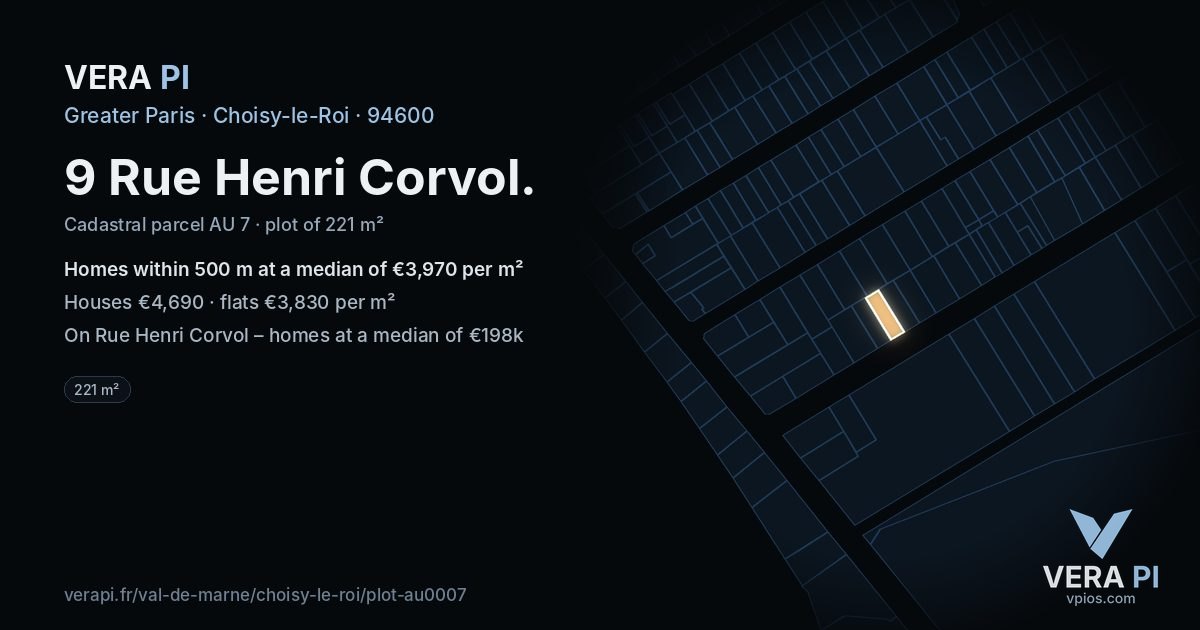 9 Rue Henri Corvol, Choisy-le-Roi at night – the plot lit, the parcels around coloured by the prices near them