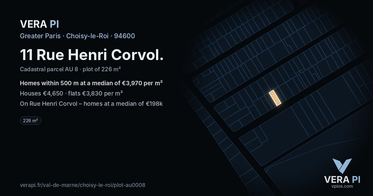 11 Rue Henri Corvol, Choisy-le-Roi at night – the plot lit, the parcels around coloured by the prices near them