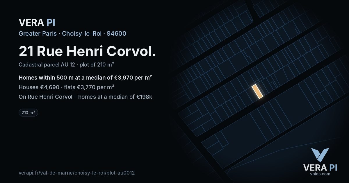 21 Rue Henri Corvol, Choisy-le-Roi at night – the plot lit, the parcels around coloured by the prices near them