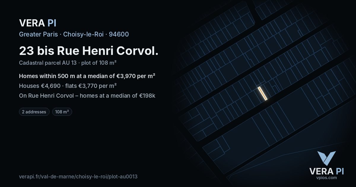 23 bis Rue Henri Corvol, Choisy-le-Roi at night – the plot lit, the parcels around coloured by the prices near them