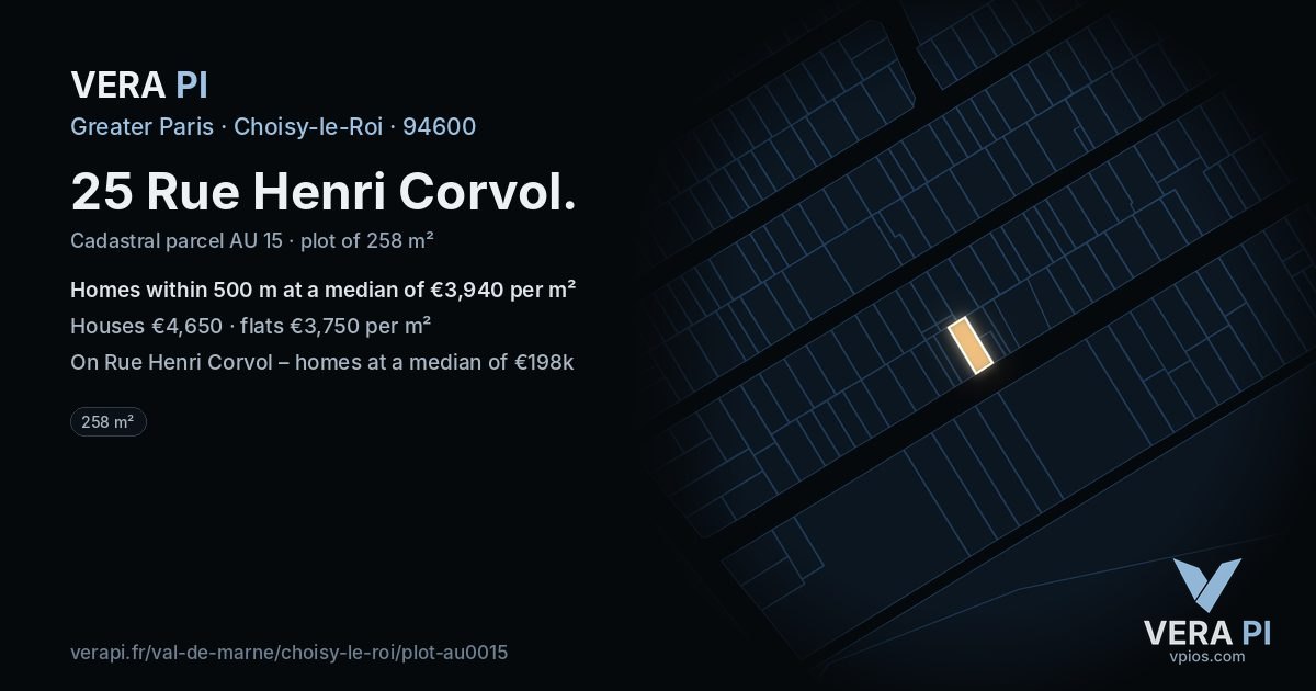 25 Rue Henri Corvol, Choisy-le-Roi at night – the plot lit, the parcels around coloured by the prices near them