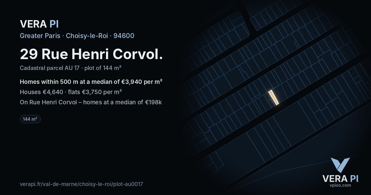 29 Rue Henri Corvol, Choisy-le-Roi at night – the plot lit, the parcels around coloured by the prices near them
