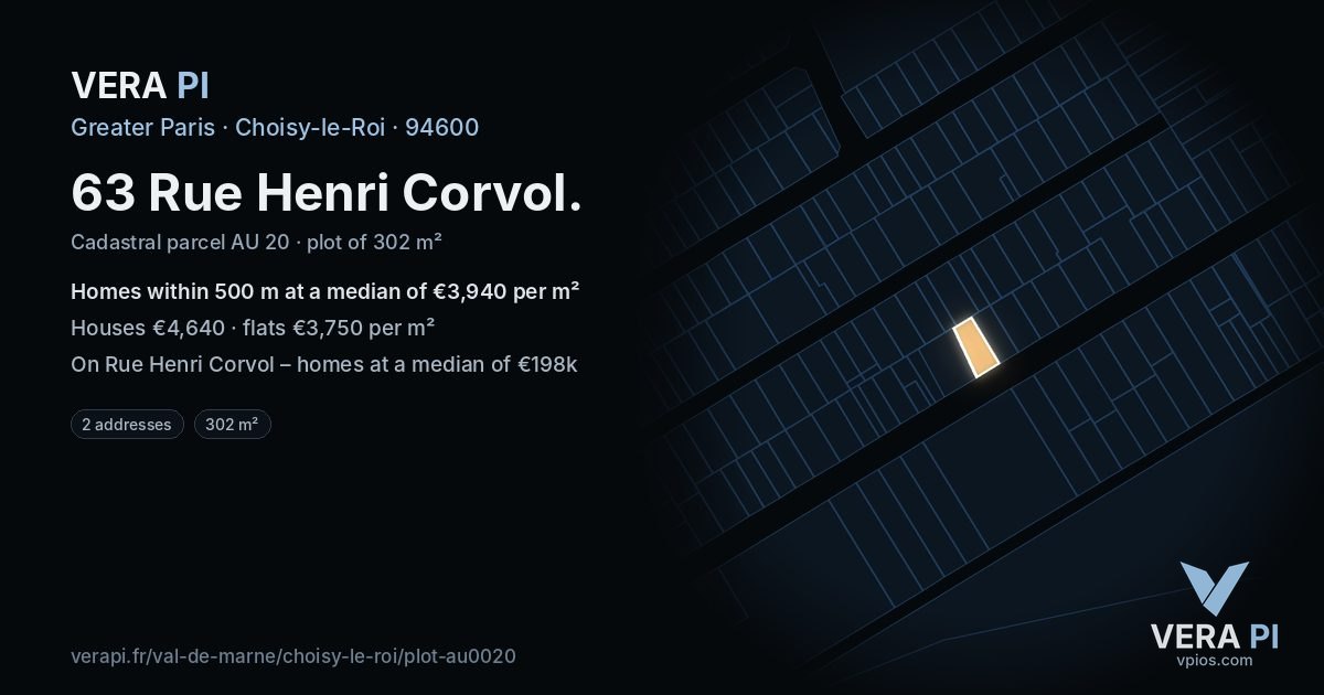 63 Rue Henri Corvol, Choisy-le-Roi at night – the plot lit, the parcels around coloured by the prices near them