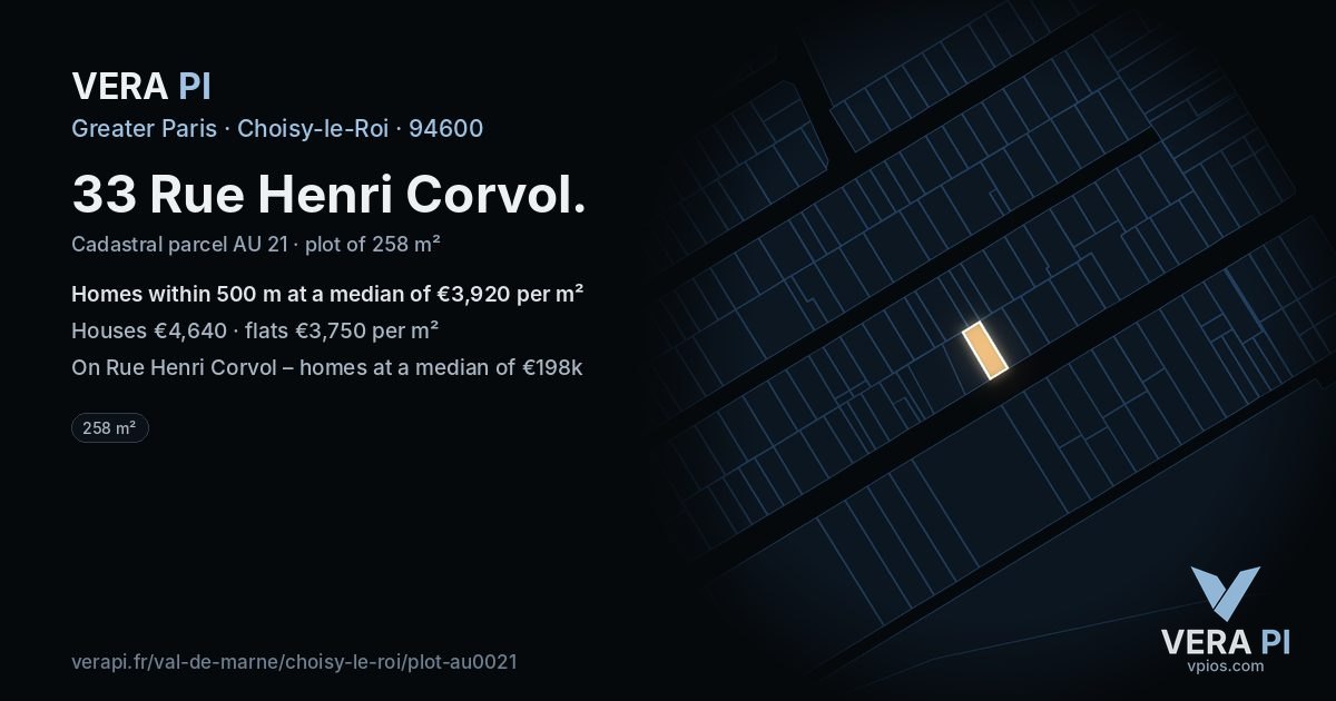 33 Rue Henri Corvol, Choisy-le-Roi at night – the plot lit, the parcels around coloured by the prices near them