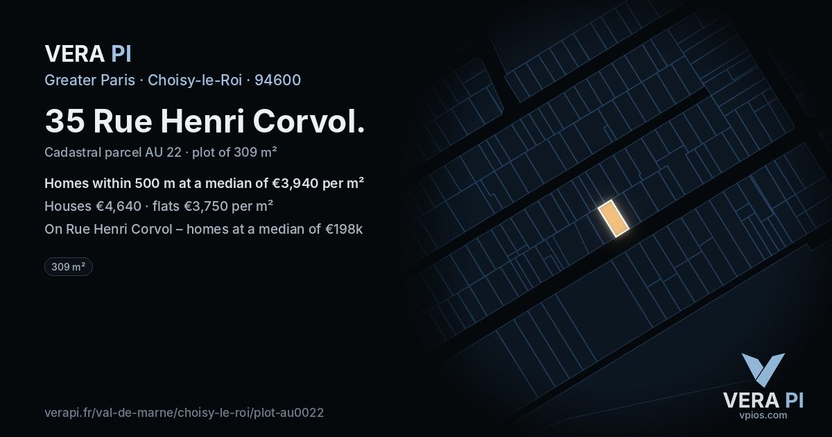 35 Rue Henri Corvol, Choisy-le-Roi at night – the plot lit, the parcels around coloured by the prices near them