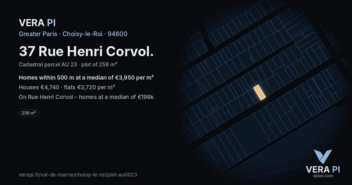 37 Rue Henri Corvol, Choisy-le-Roi at night – the plot lit, the parcels around coloured by the prices near them