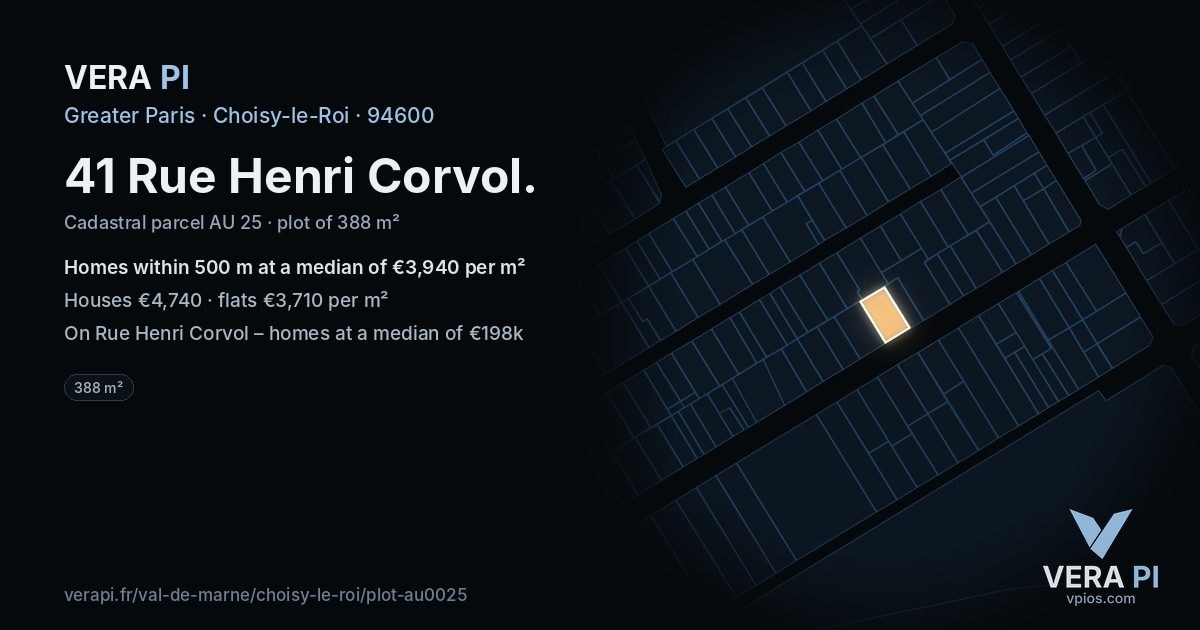 41 Rue Henri Corvol, Choisy-le-Roi at night – the plot lit, the parcels around coloured by the prices near them