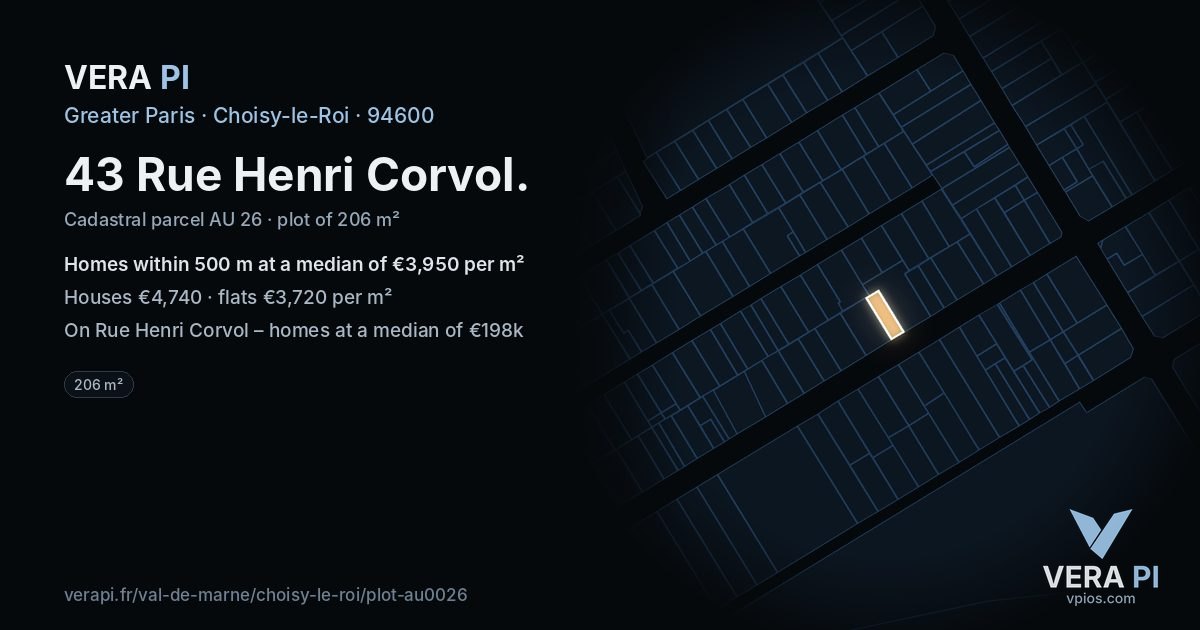 43 Rue Henri Corvol, Choisy-le-Roi at night – the plot lit, the parcels around coloured by the prices near them