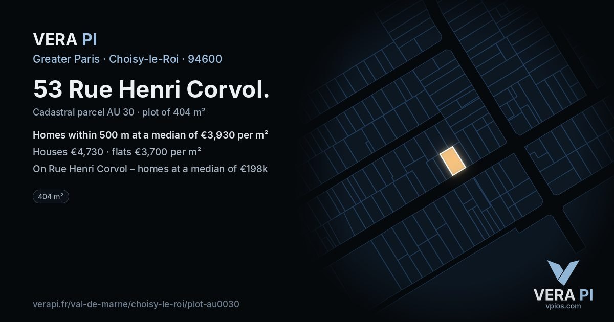 53 Rue Henri Corvol, Choisy-le-Roi at night – the plot lit, the parcels around coloured by the prices near them