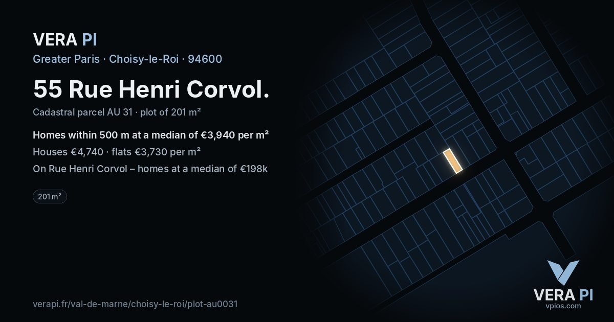 55 Rue Henri Corvol, Choisy-le-Roi at night – the plot lit, the parcels around coloured by the prices near them
