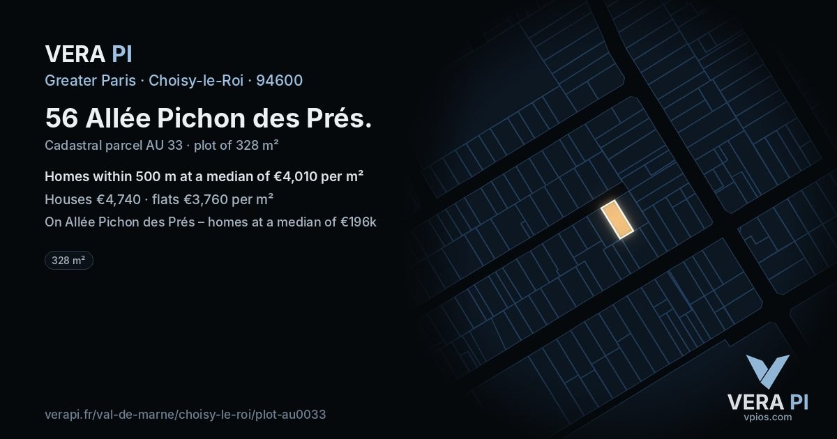 56 Allée Pichon des Prés, Choisy-le-Roi at night – the plot lit, the parcels around coloured by the prices near them