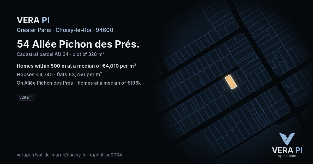 54 Allée Pichon des Prés, Choisy-le-Roi at night – the plot lit, the parcels around coloured by the prices near them
