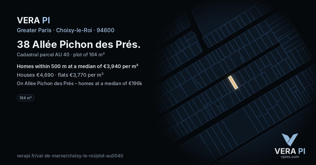 38 Allée Pichon des Prés, Choisy-le-Roi at night – the plot lit, the parcels around coloured by the prices near them