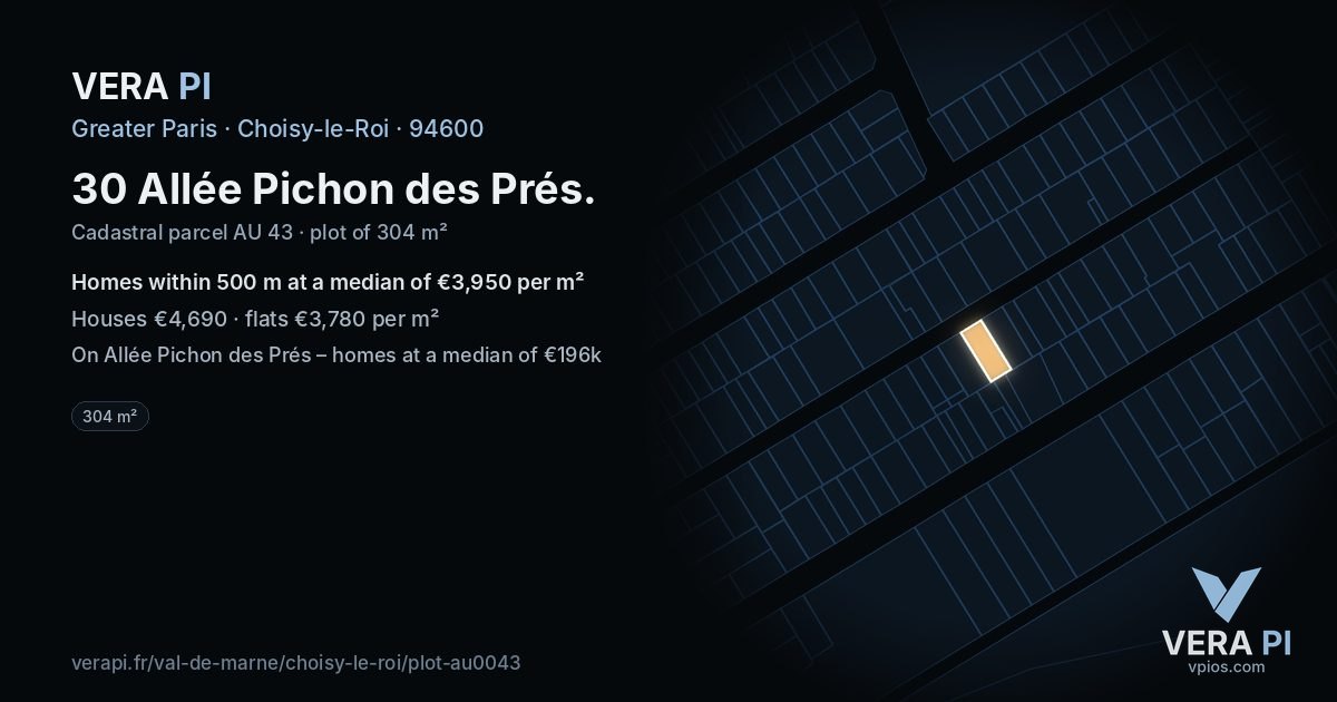 30 Allée Pichon des Prés, Choisy-le-Roi at night – the plot lit, the parcels around coloured by the prices near them
