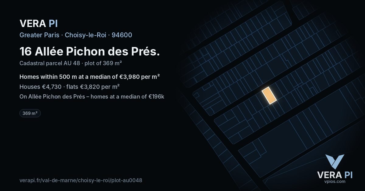 16 Allée Pichon des Prés, Choisy-le-Roi at night – the plot lit, the parcels around coloured by the prices near them