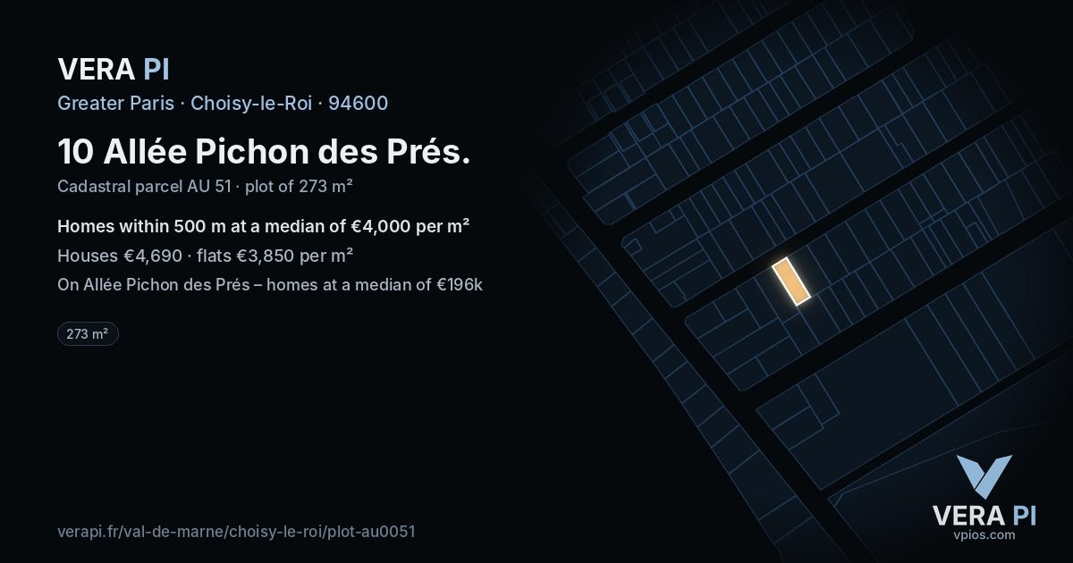 10 Allée Pichon des Prés, Choisy-le-Roi at night – the plot lit, the parcels around coloured by the prices near them