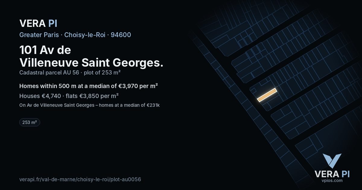 101 Av de Villeneuve Saint Georges, Choisy-le-Roi at night – the plot lit, the parcels around coloured by the prices near them
