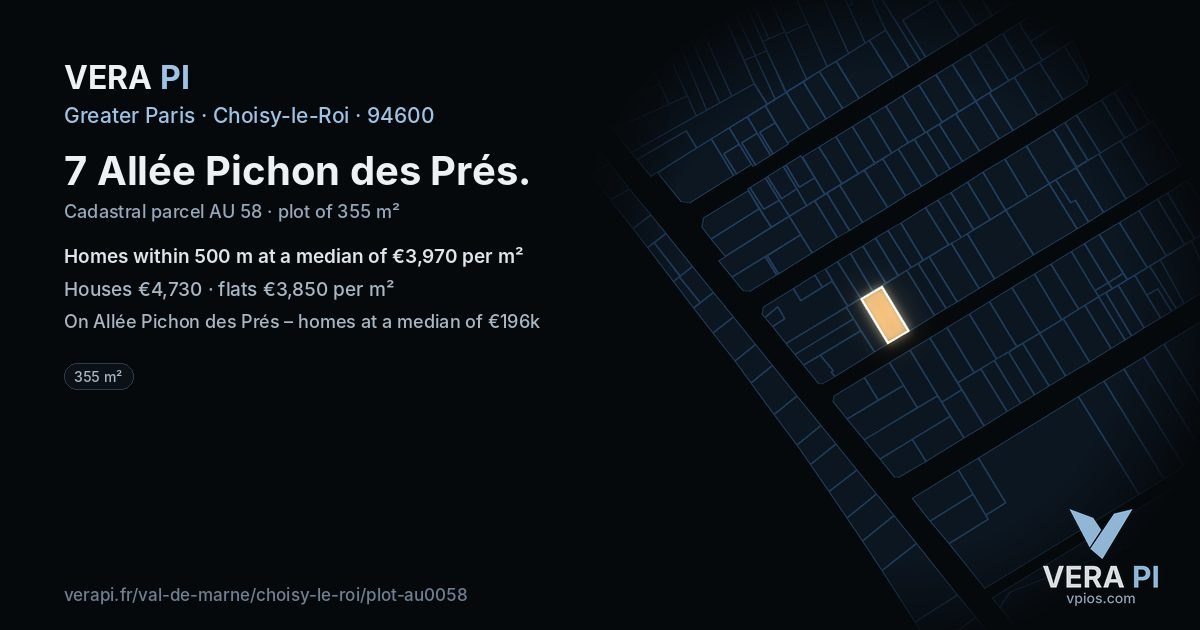 7 Allée Pichon des Prés, Choisy-le-Roi at night – the plot lit, the parcels around coloured by the prices near them
