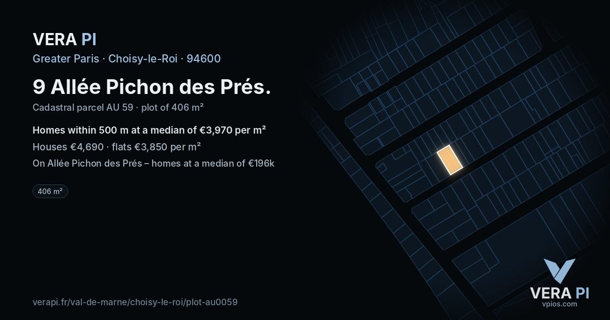 9 Allée Pichon des Prés, Choisy-le-Roi at night – the plot lit, the parcels around coloured by the prices near them