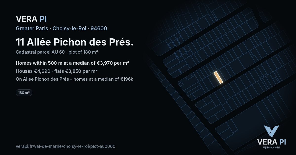 11 Allée Pichon des Prés, Choisy-le-Roi at night – the plot lit, the parcels around coloured by the prices near them
