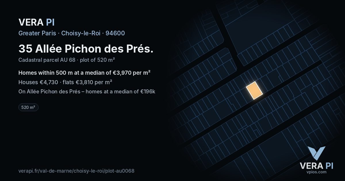 35 Allée Pichon des Prés, Choisy-le-Roi at night – the plot lit, the parcels around coloured by the prices near them