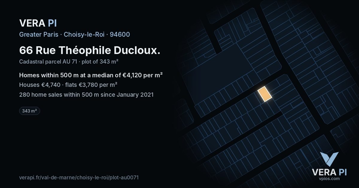 66 Rue Théophile Ducloux, Choisy-le-Roi at night – the plot lit, the parcels around coloured by the prices near them
