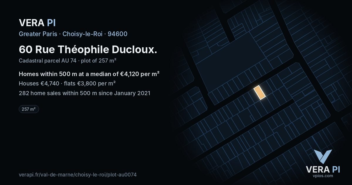 60 Rue Théophile Ducloux, Choisy-le-Roi at night – the plot lit, the parcels around coloured by the prices near them