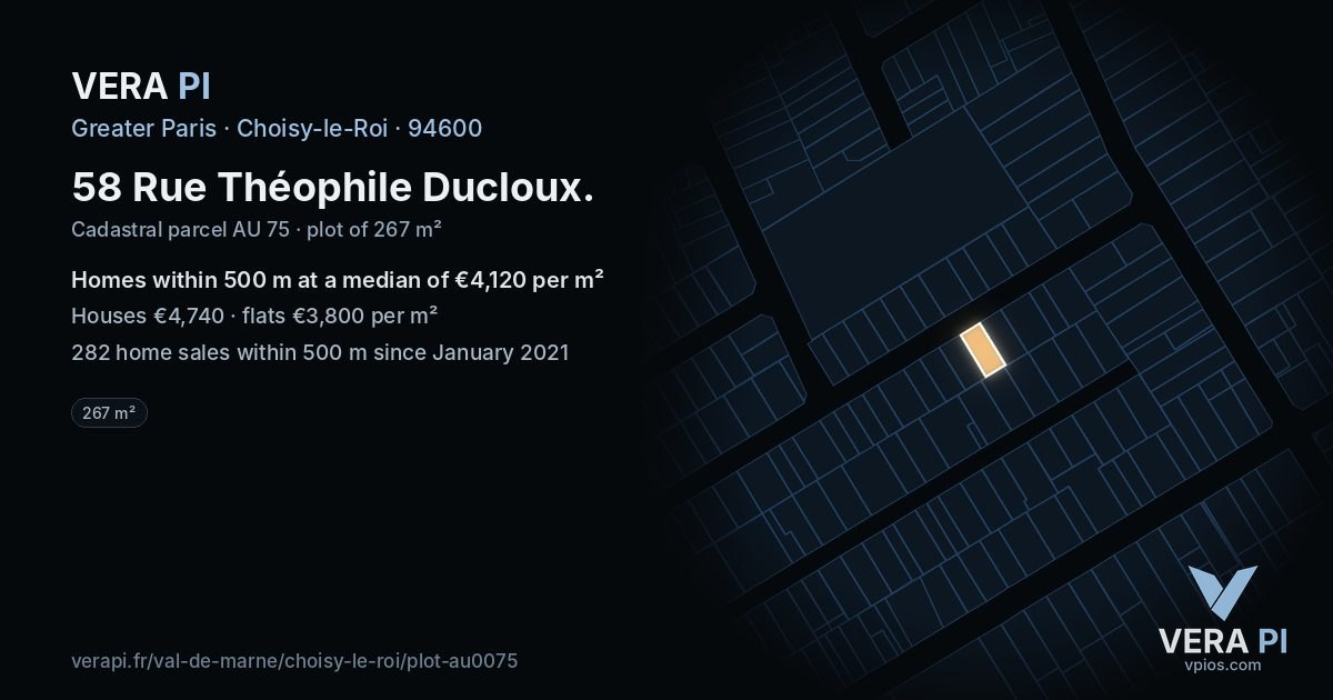 58 Rue Théophile Ducloux, Choisy-le-Roi at night – the plot lit, the parcels around coloured by the prices near them
